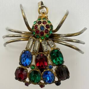 1940s vintage gold plated multicolor rhinestones spider figural brooch pendant